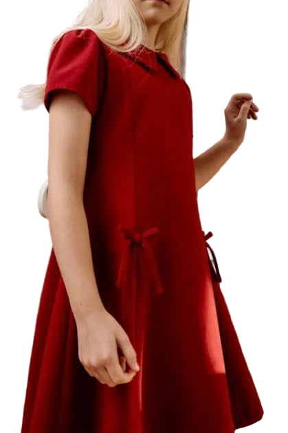 Red Solid Collared Dress with Bows
