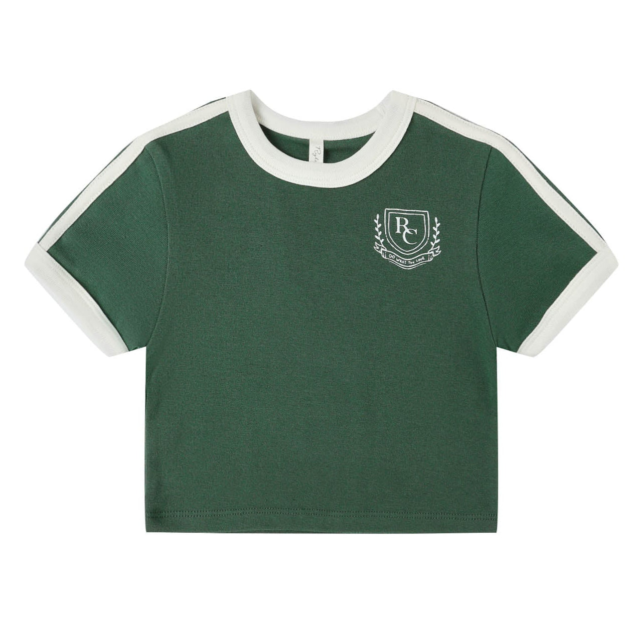 Green crop t-shirt with white trim and logo on a white background