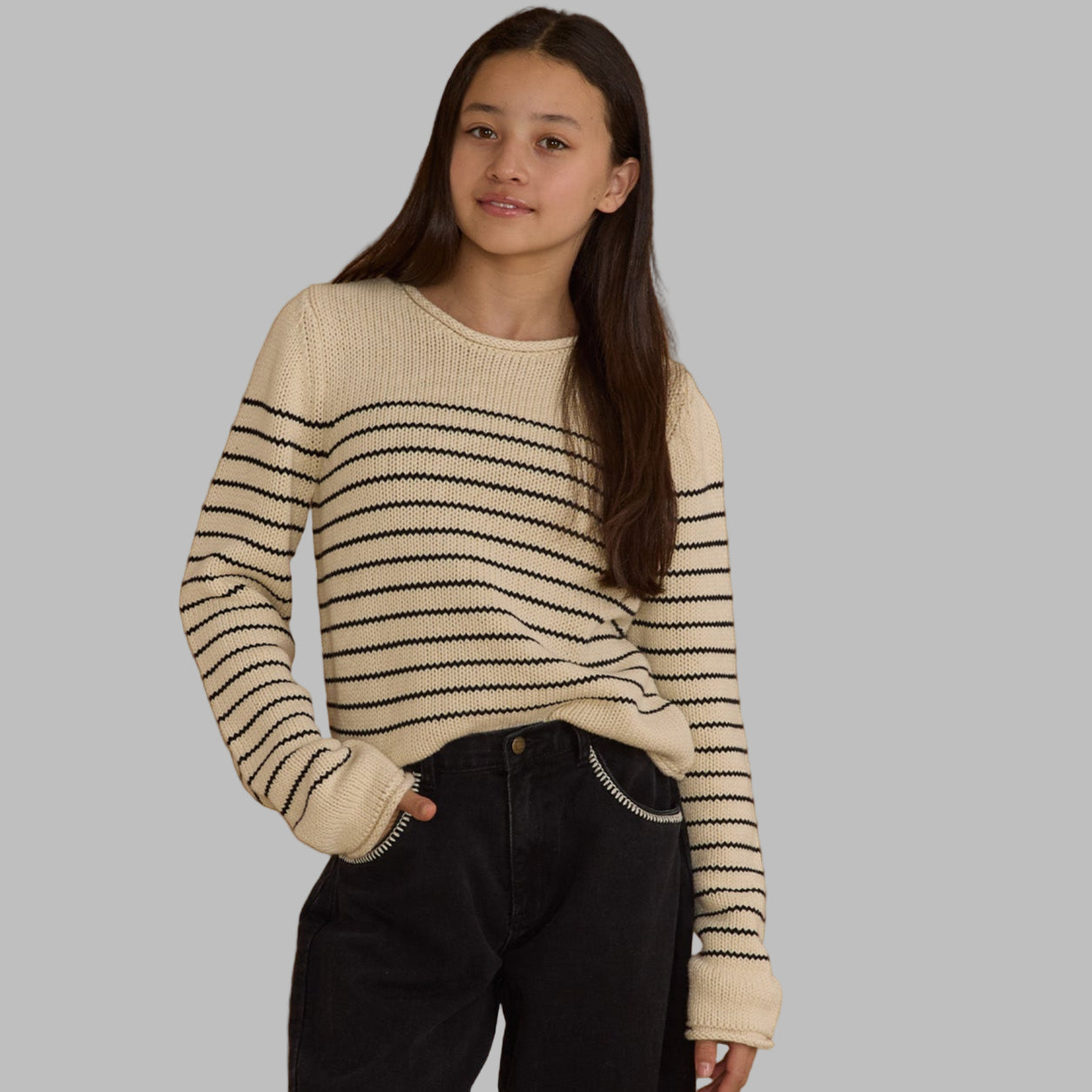 Girl's Rylee Cru Cream Black Stripe Sweater
