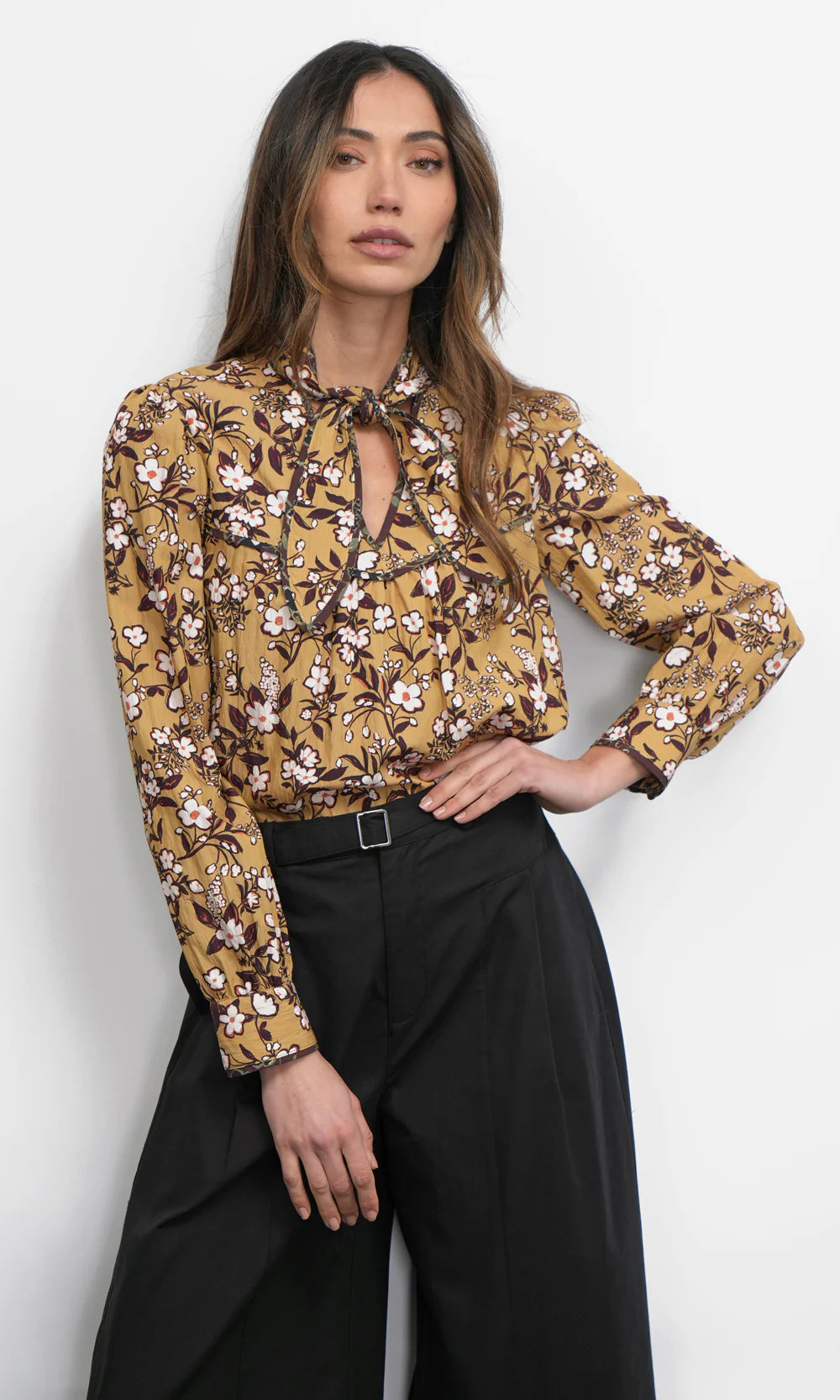 Rowan Mustard Floral Tie Blouse