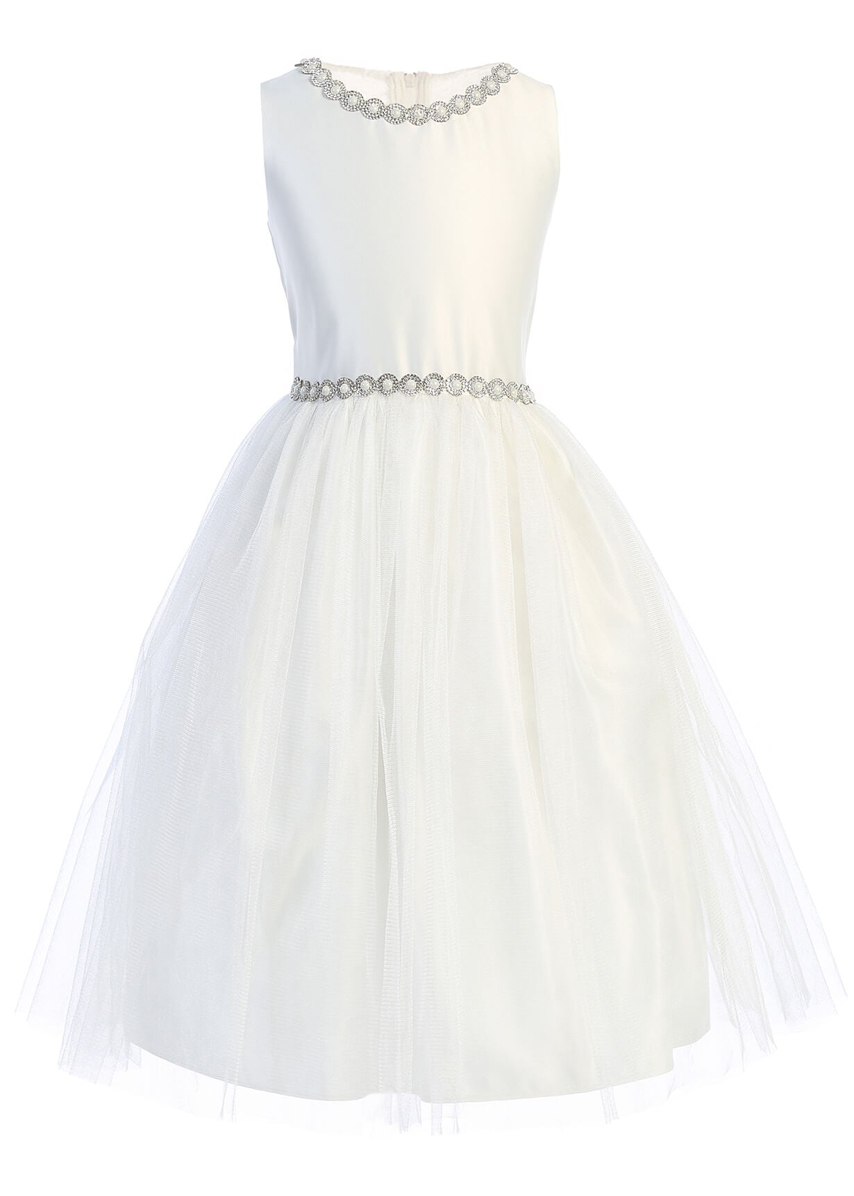 White Jeweled Neck & Waist Satin and Tulle  Dress