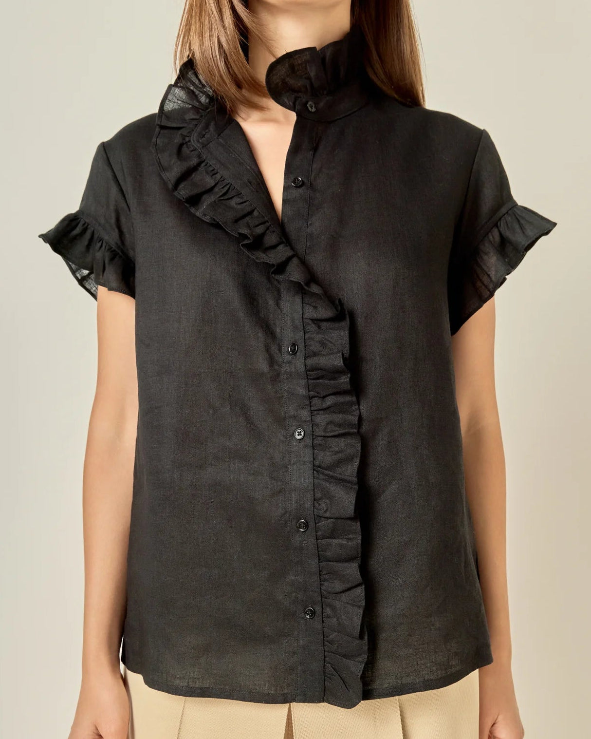 Black Linen Ruffle Trim Blouse