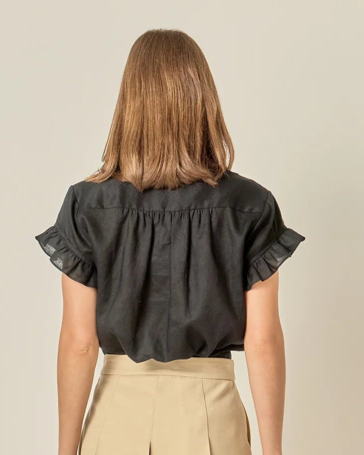 Black Linen Ruffle Trim Blouse