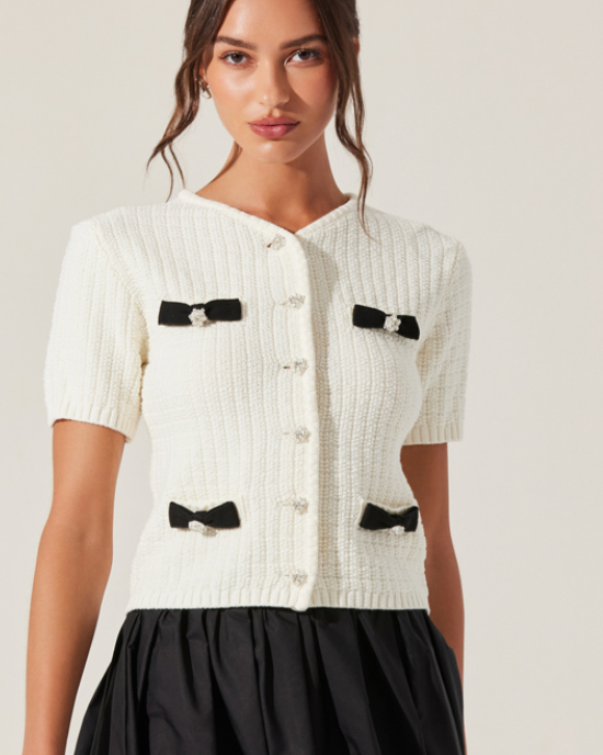 Averie Cream Boucle Cardigan Black Bows