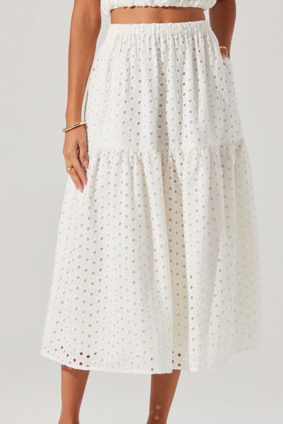 White Eyelet Dropped Waist Midi Skirt