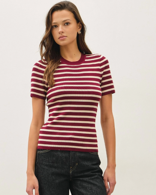 Wine Stripe Short Sleeve Sweater