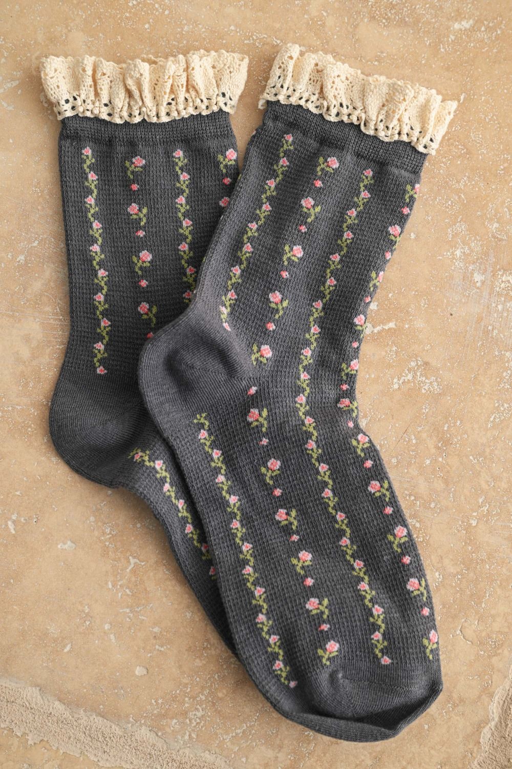 Women's Floral Socks with Crochet Trim