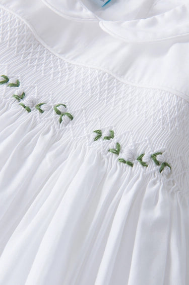 White Smocked Dress with Green Leaf
