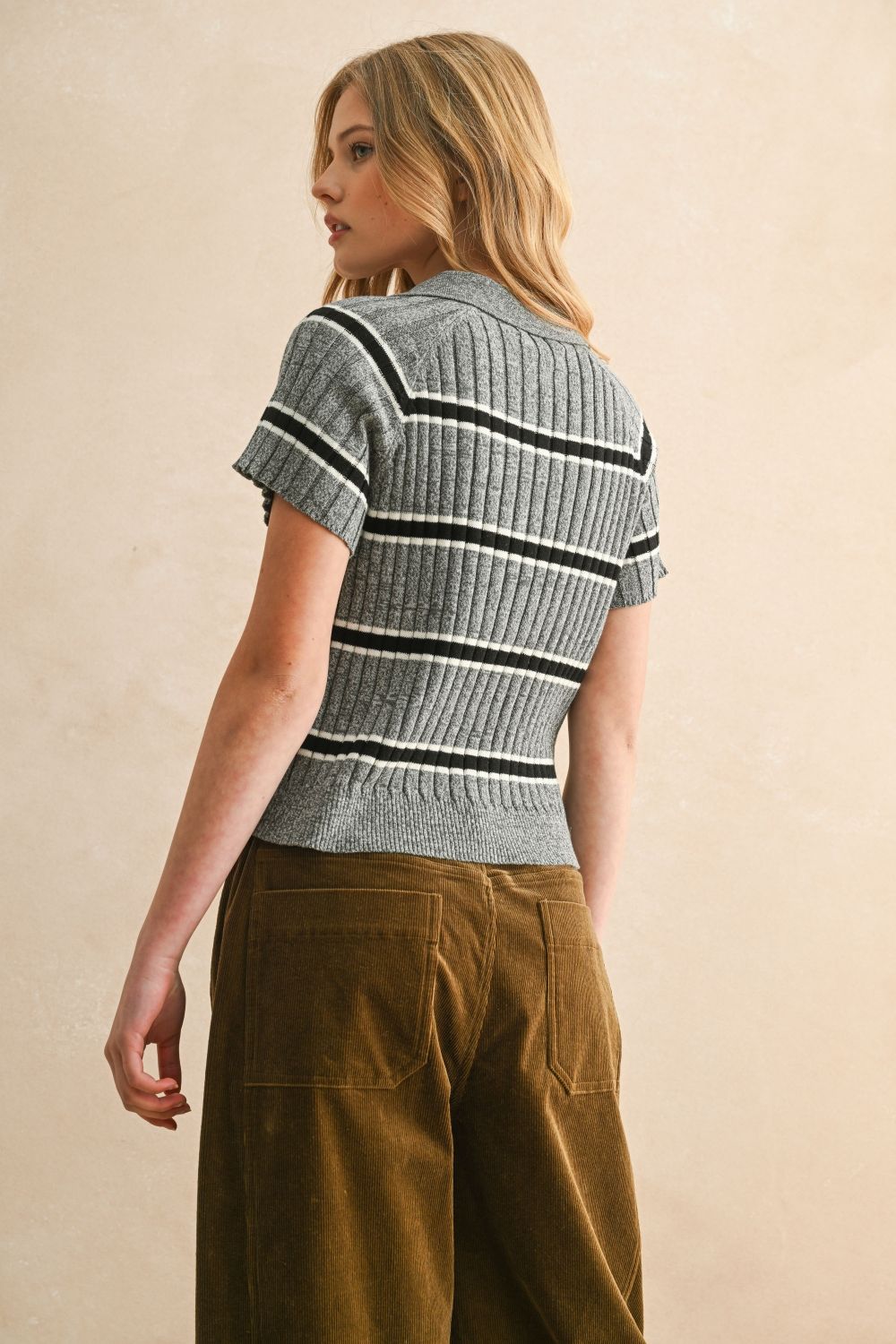 Grey Stripe Rib Polo Sweater