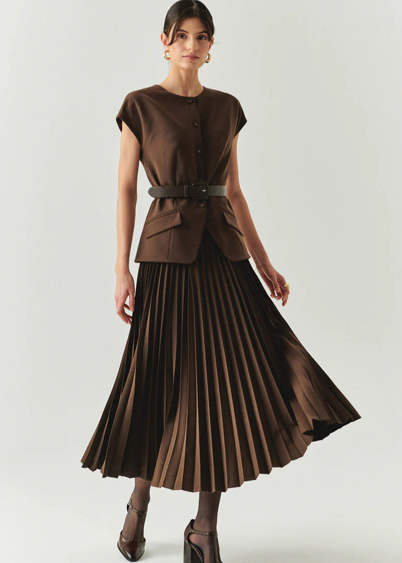 Jolie Brown Waistcoat with Pleated Skirt Dress
