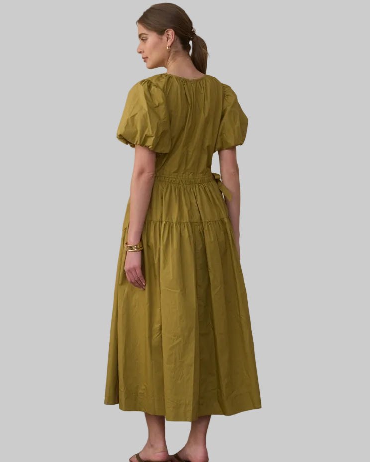 Olive Voile Gathered Drawstring Dress