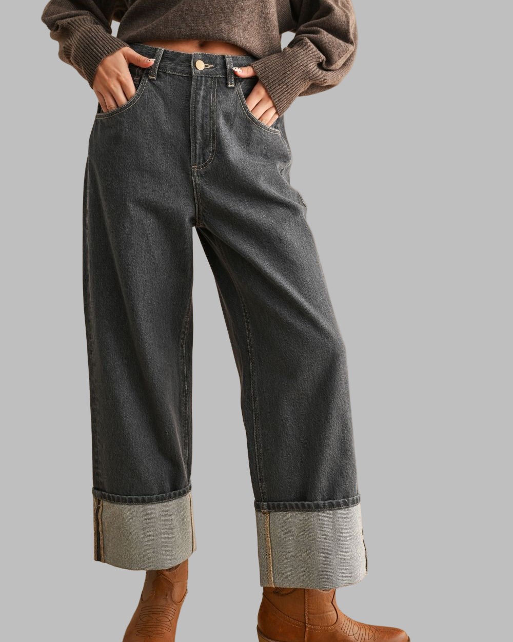Wide Cuff Grey Baggy Denim Pant