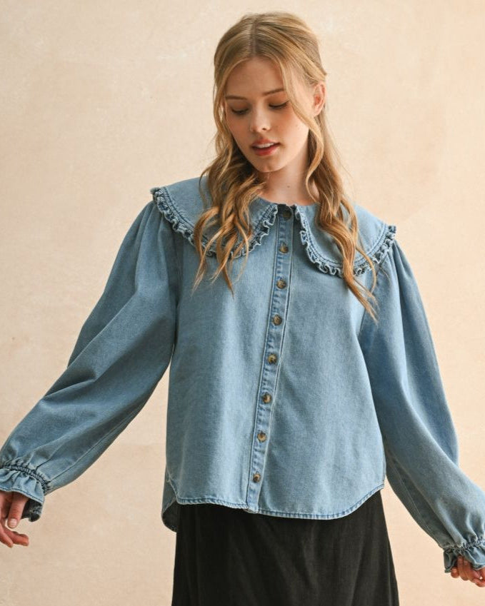 Vintage Denim Wide Ruffle Collare Shirt