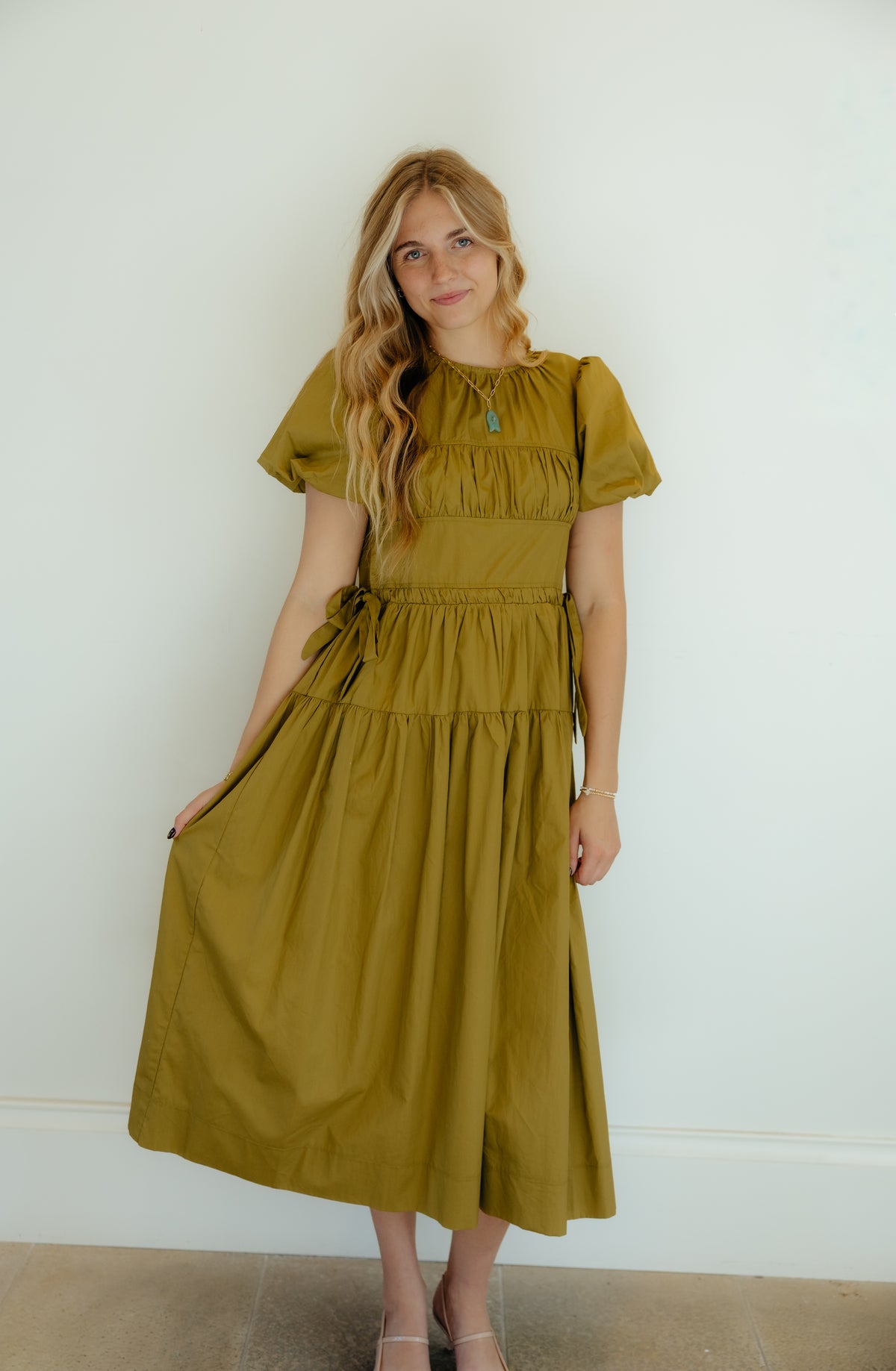 Olive Voile Gathered Drawstring Dress