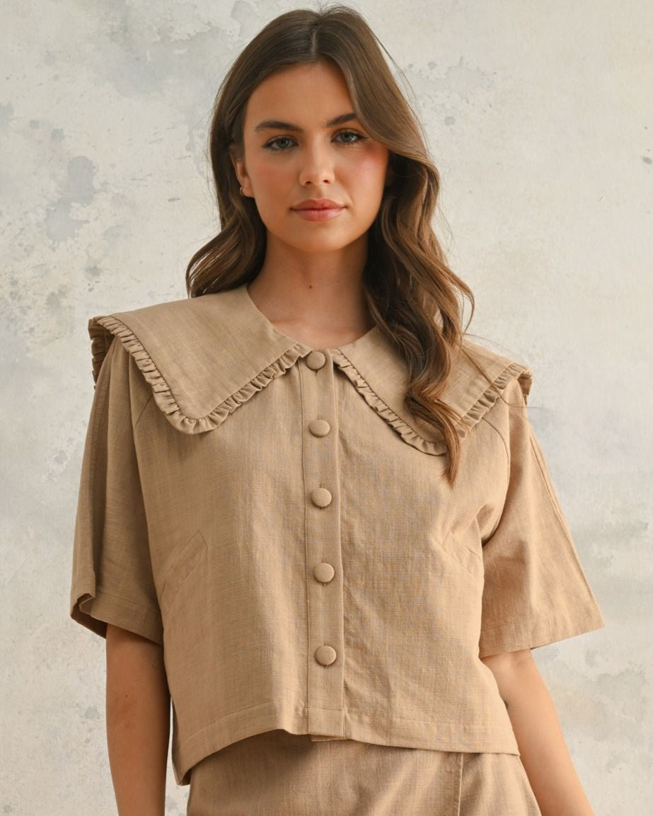 Tan Linen Wide Collar Blouse