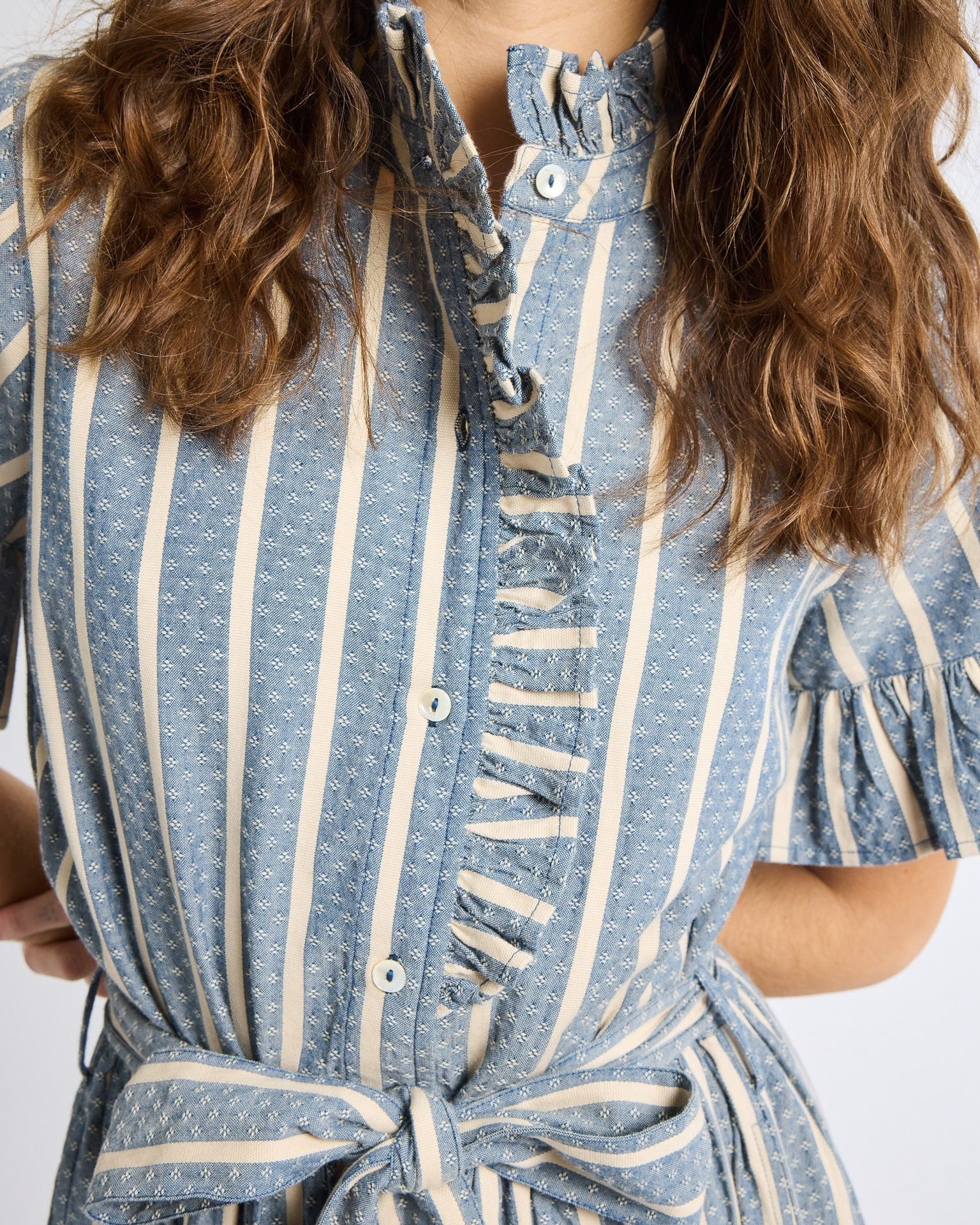 Mille Chambray Stripe Ruffle Shirtdress