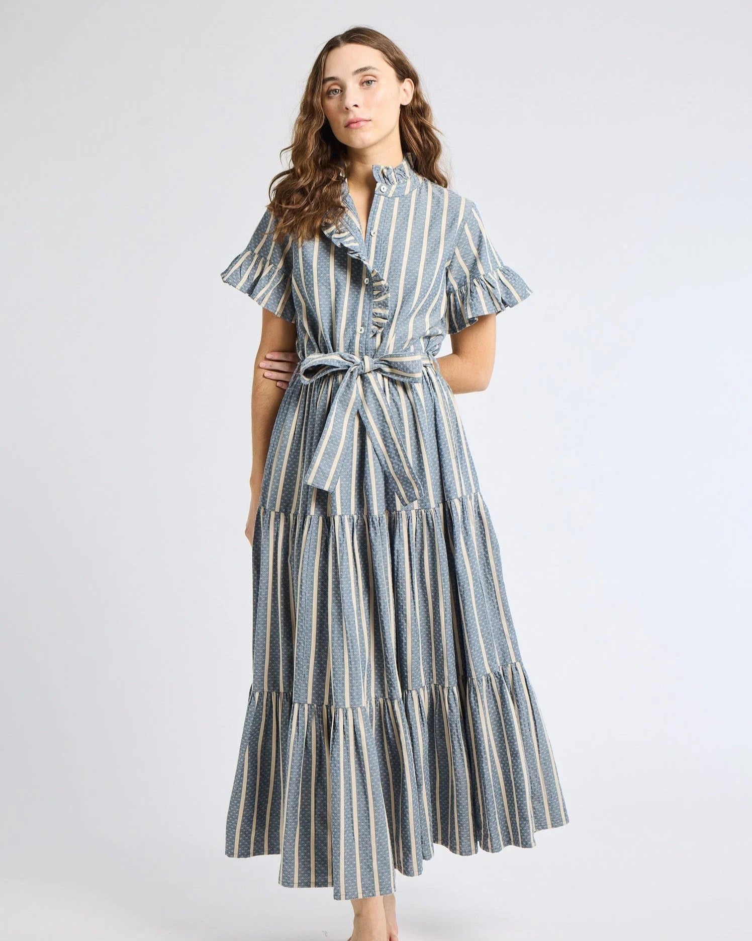 Mille Chambray Stripe Ruffle Shirtdress