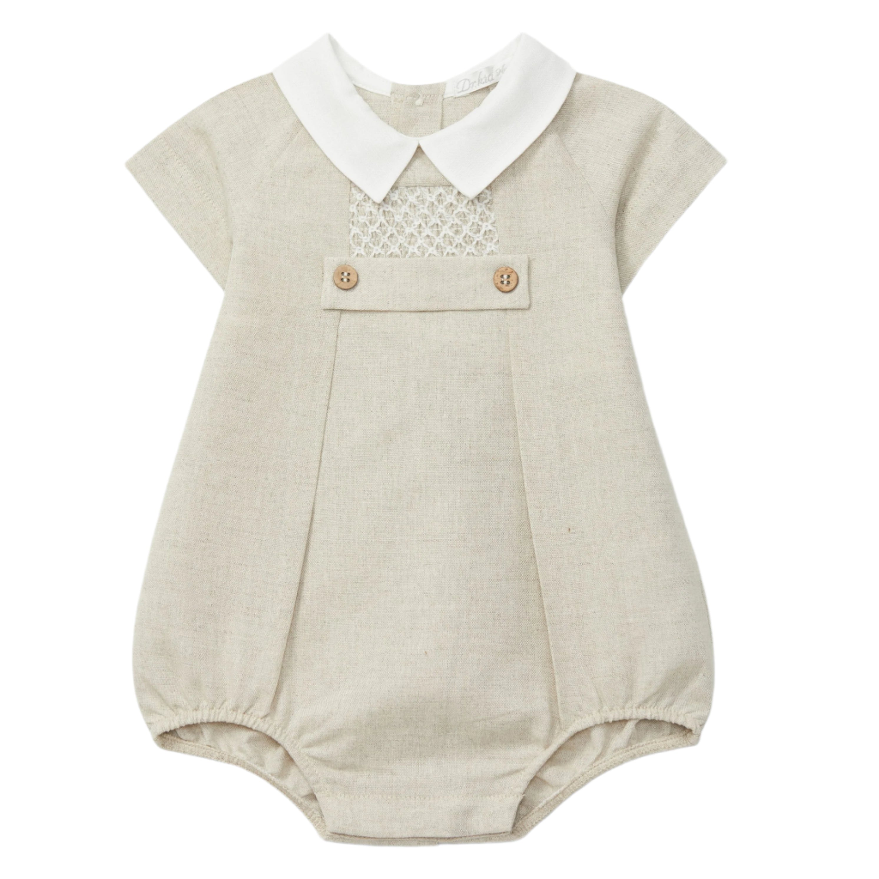 Khaki Smocked Romper White Collar