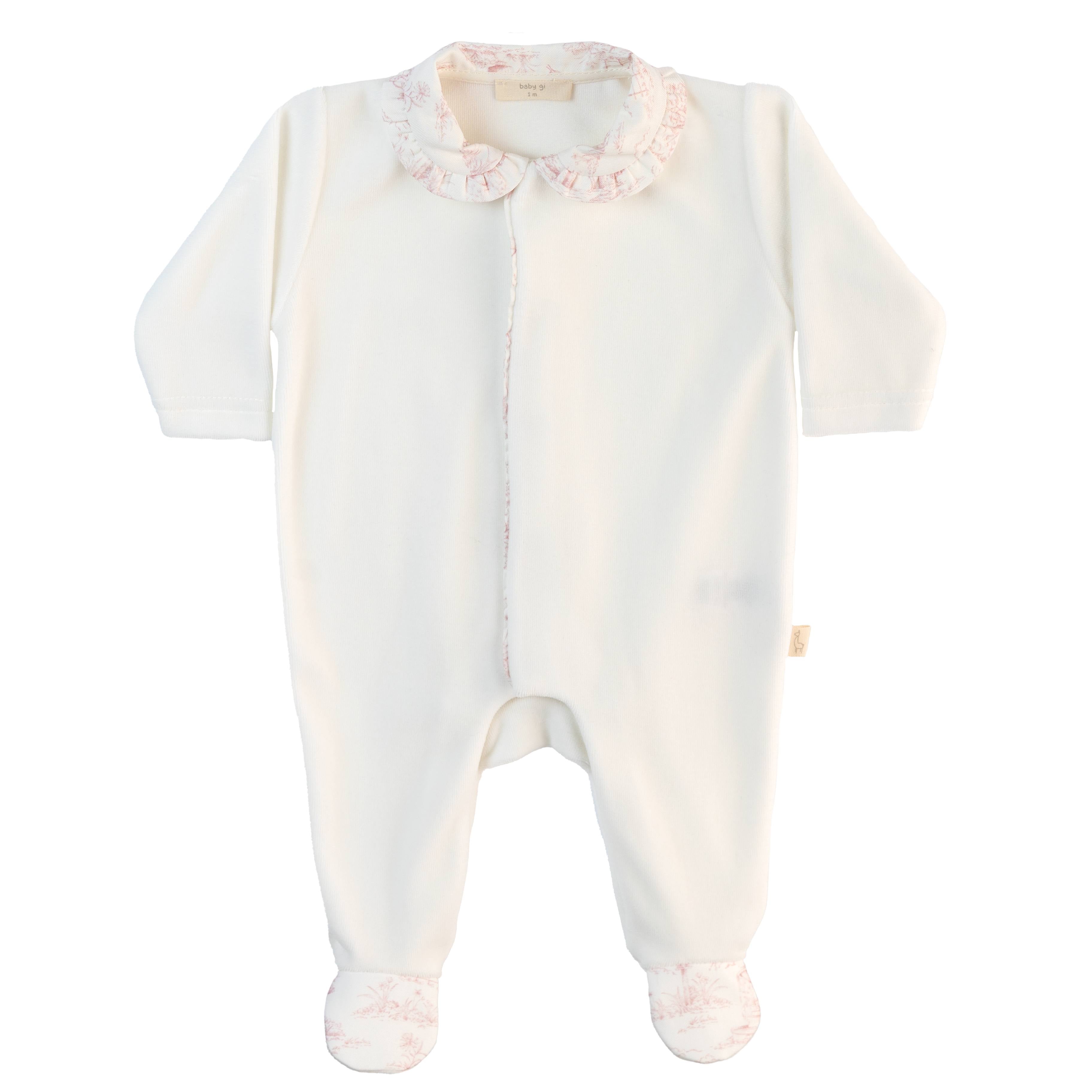 Ivory Pima Footie with Pink Toile Collar