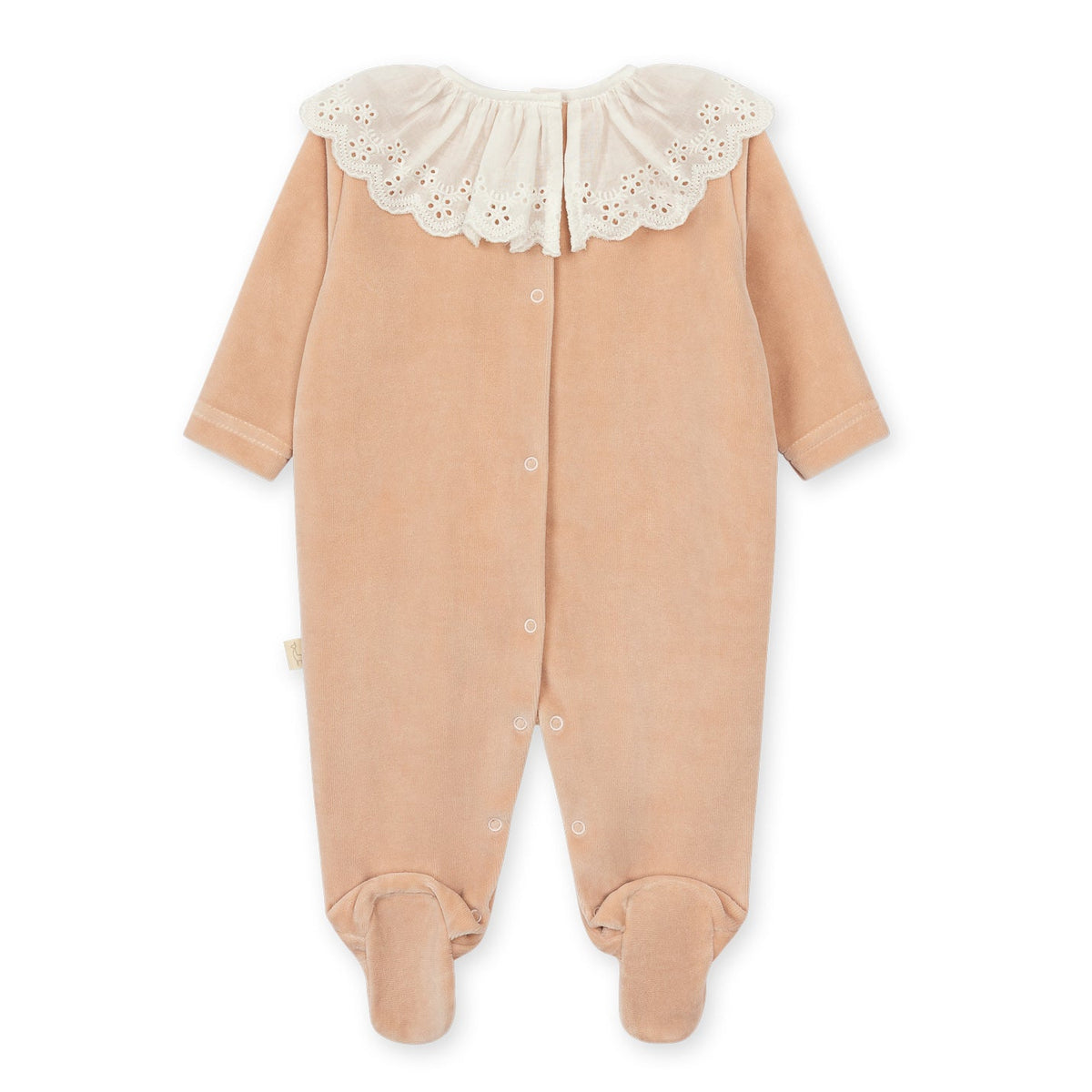 Pastel Pink Velour Footie with Broderie Anglaise