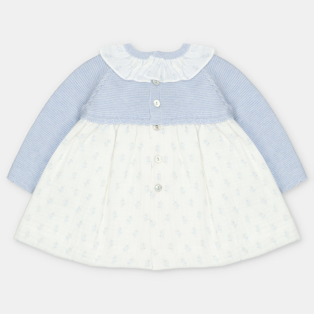Light Blue Knit and Woven Leaf Print Dress
