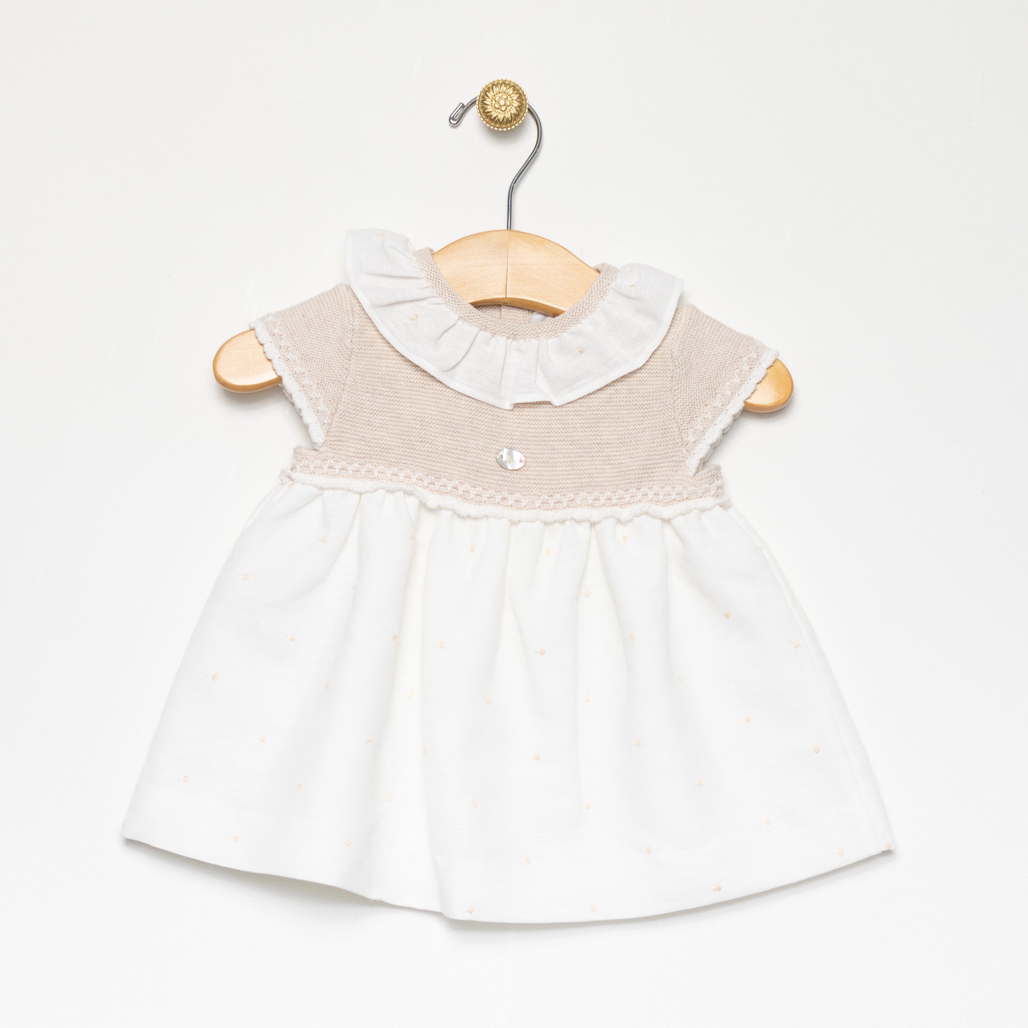 Girl's Beige Knitted White Dot Dress