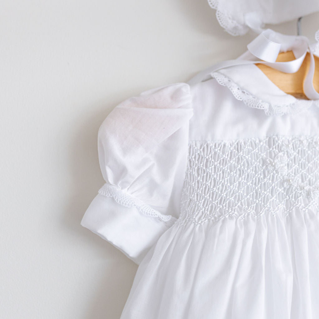 Girl's White Batiste Smocked Wreath Gown